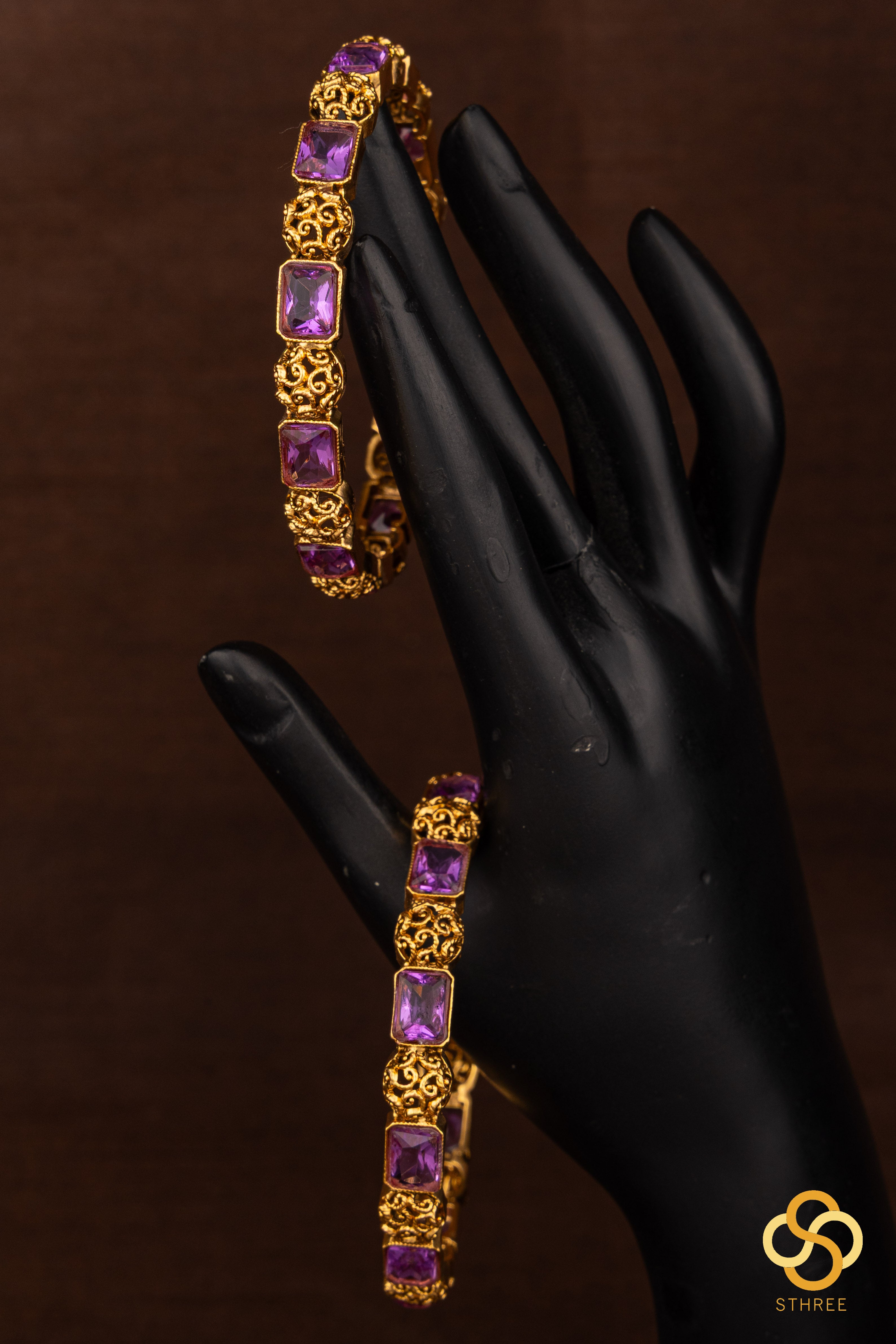 Amethyst colour with antique finish gold balls - Set of 4