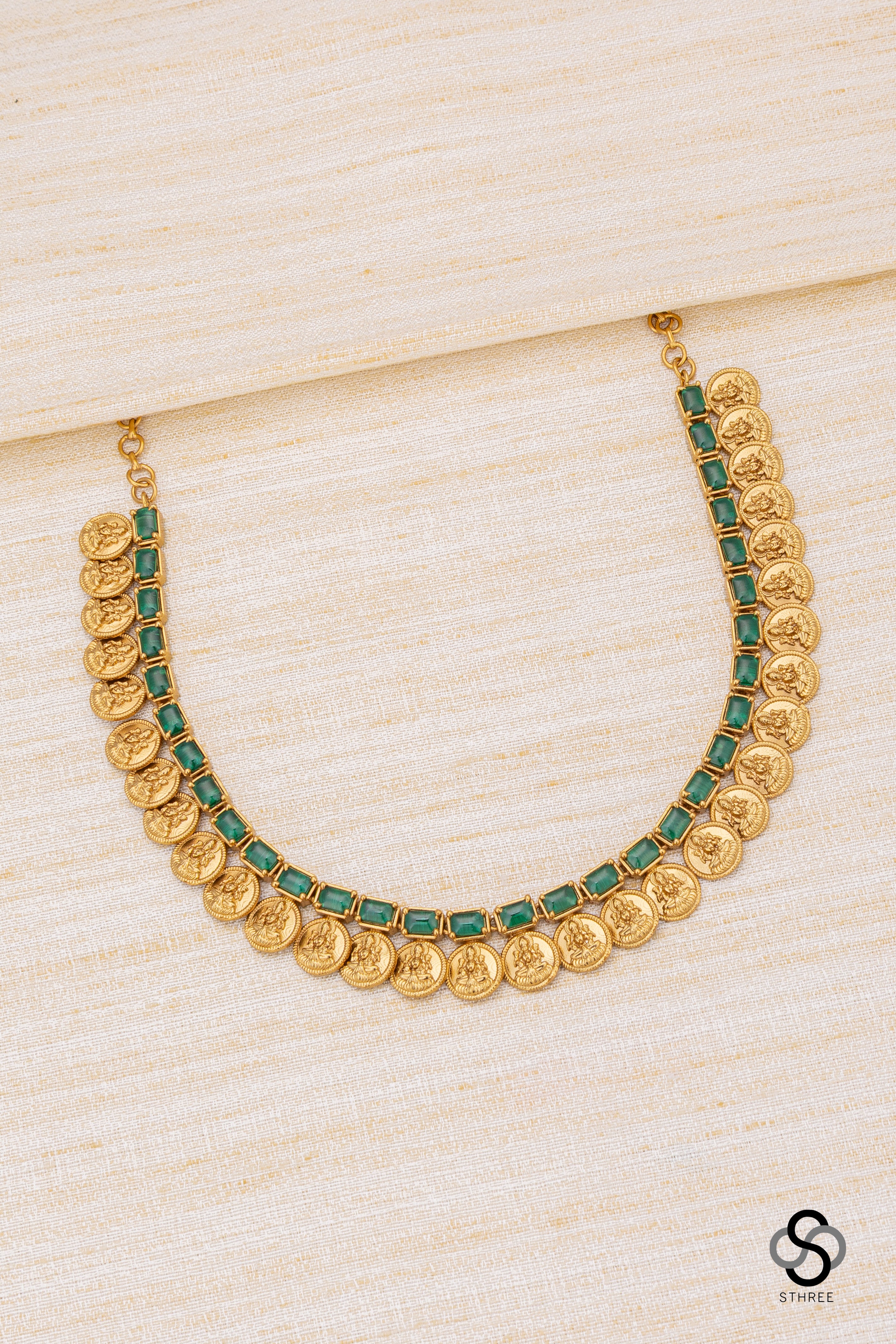 Lakshmi coins with rectangular stone - Emerald green