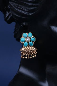 Jadau Kundan Jhumkas - Turquoise blue