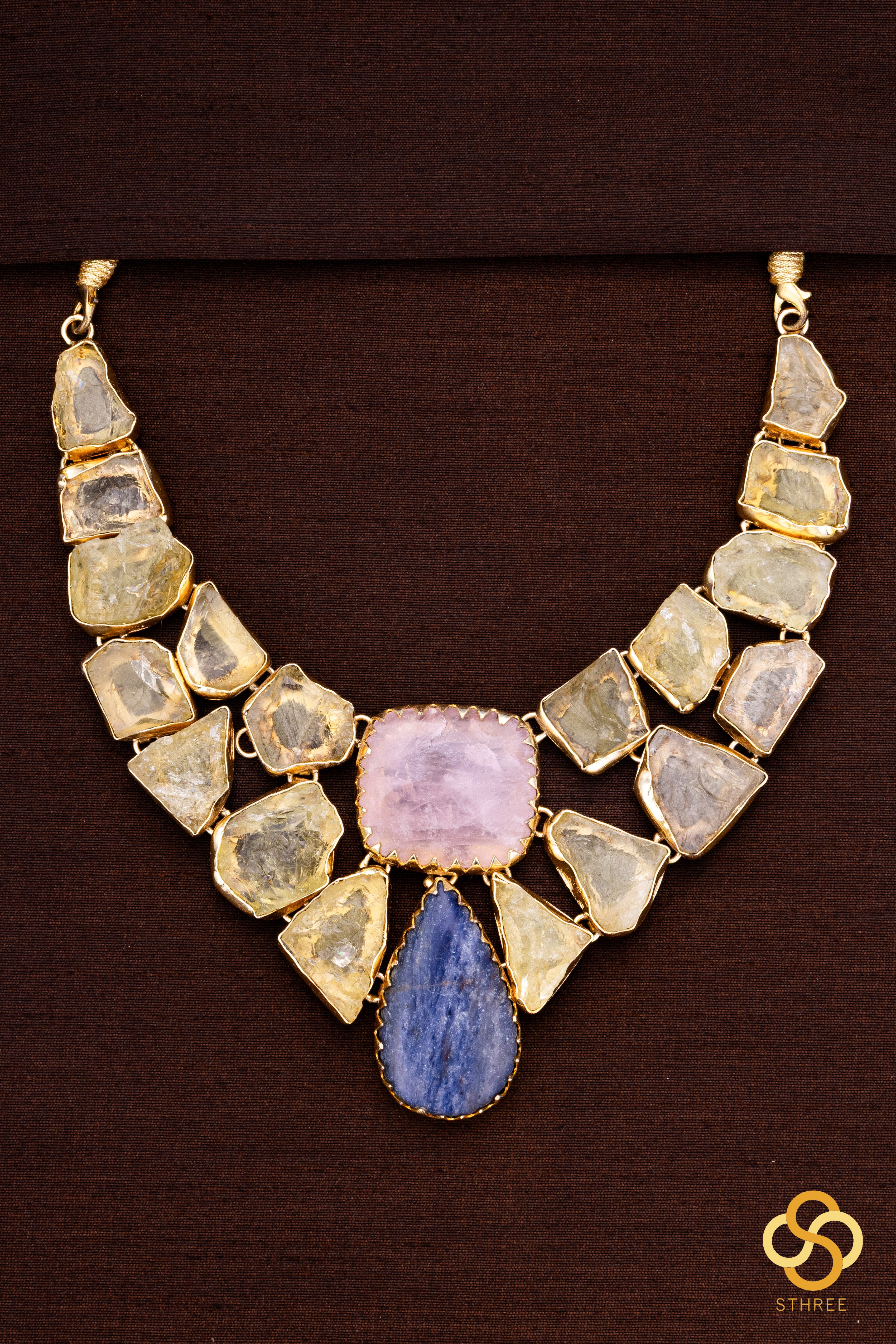 Druzy Raw stone necklace - Citrine yellow with pink and blue