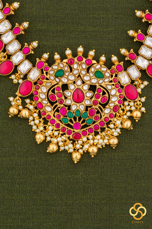 Jadau kundan with Mayil pendent Necklace  - Ruby red