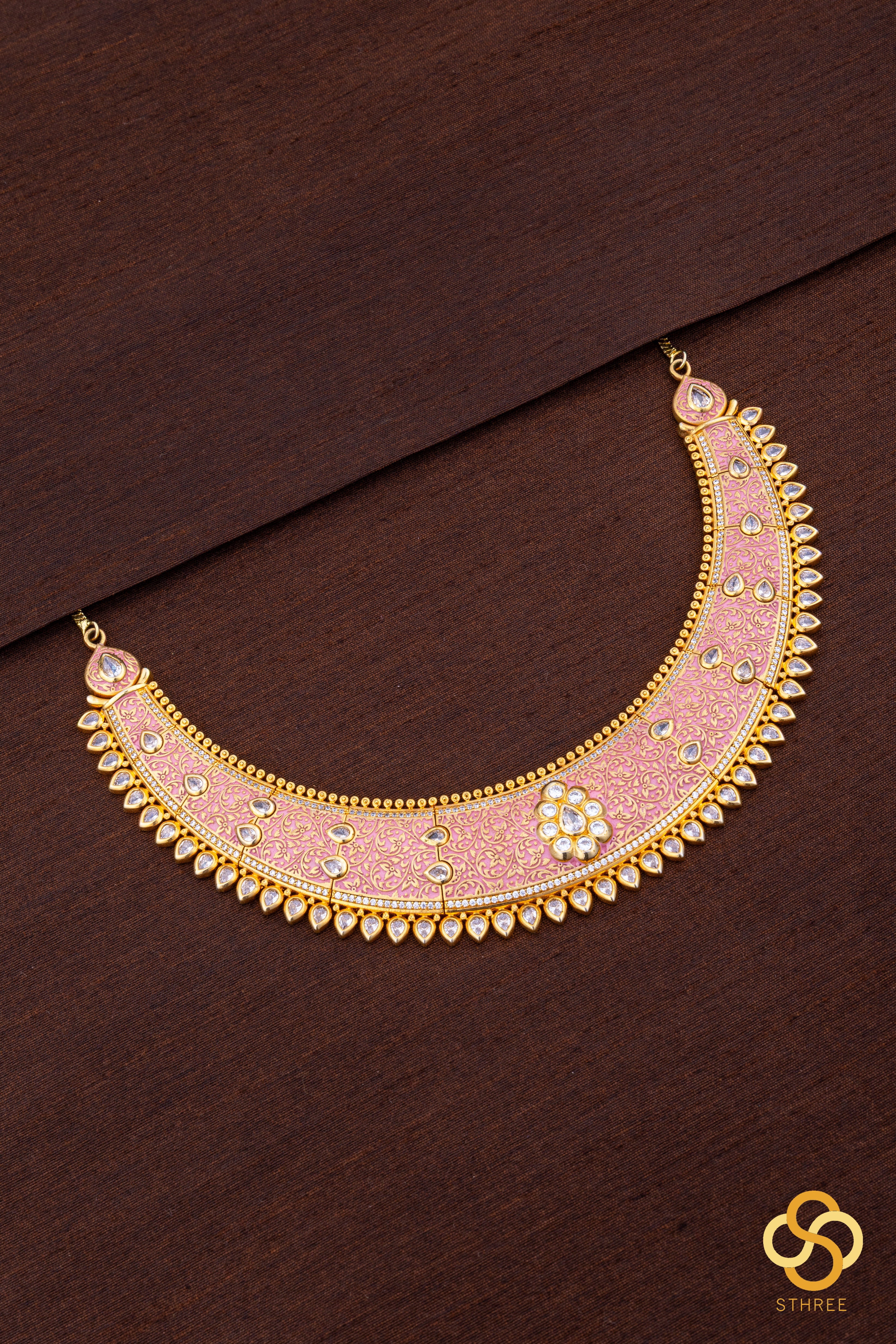 Rajwadi choker - Hasli with pink meenakari work with uncut zircons