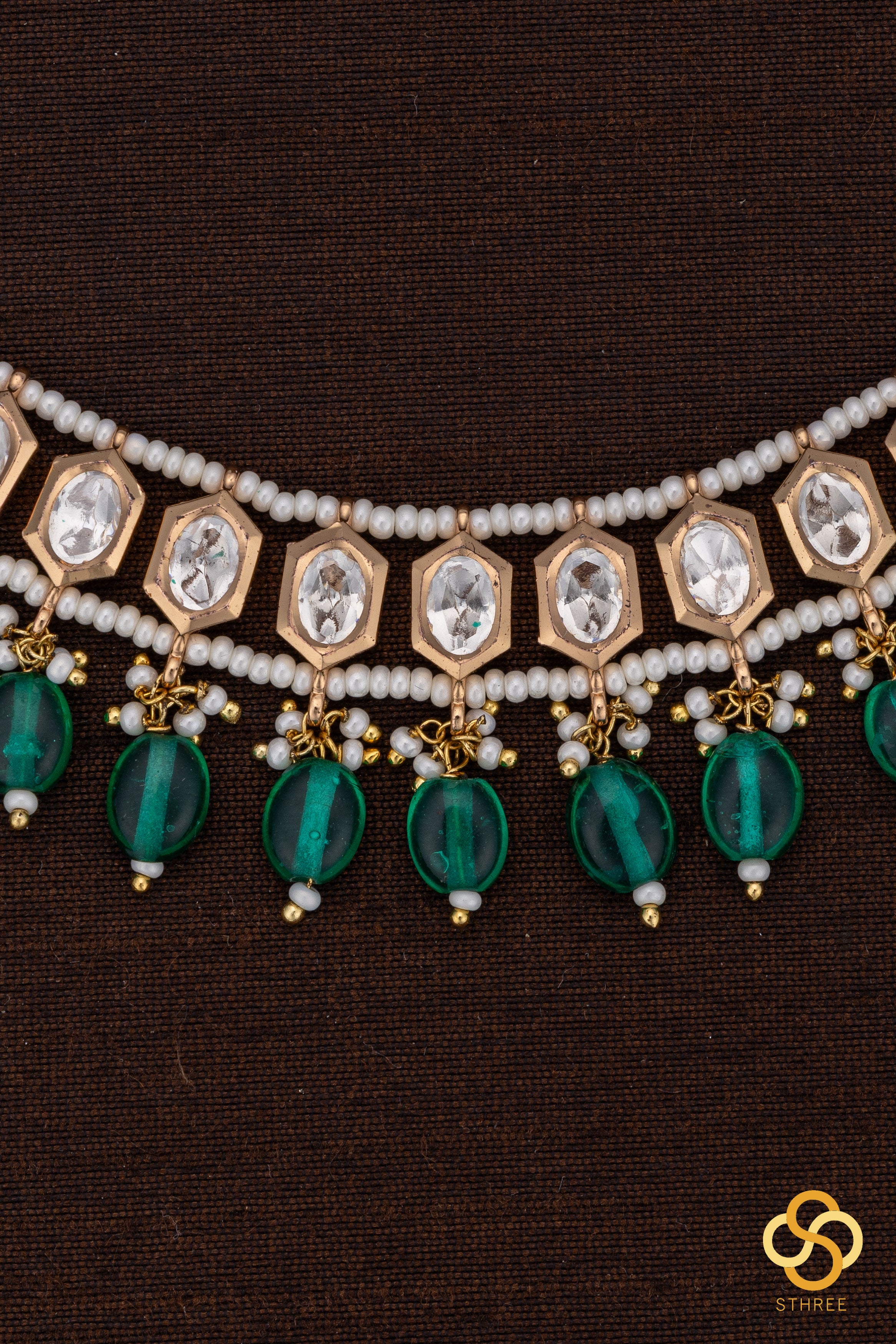 Kundan with pearls and green beads hangings