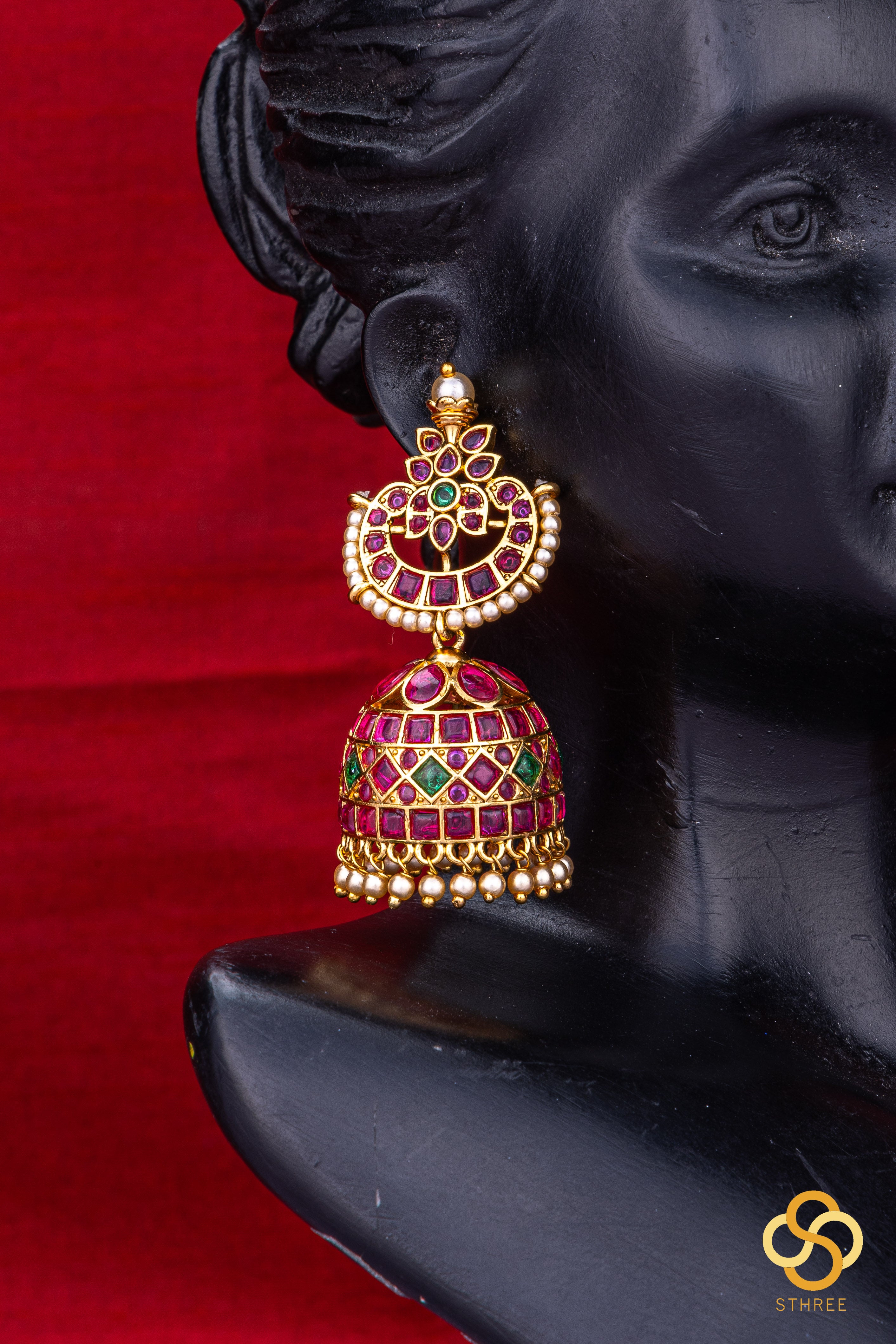Chandbali Jhumkas  -  Ruby red with Pearl hangings
