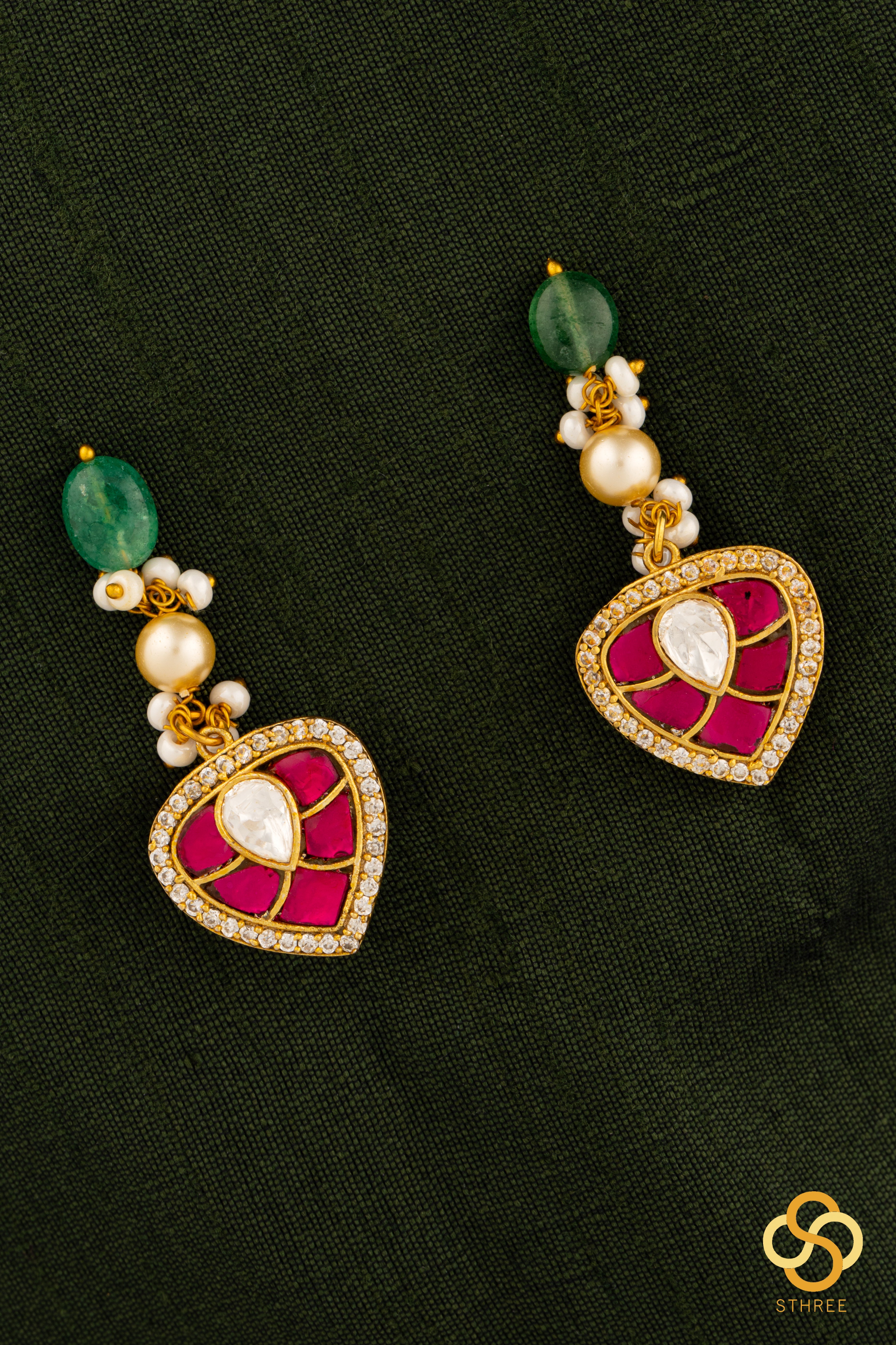 Two-liner pearls with a chandbali pendant -  Ruby red and  Emerald green