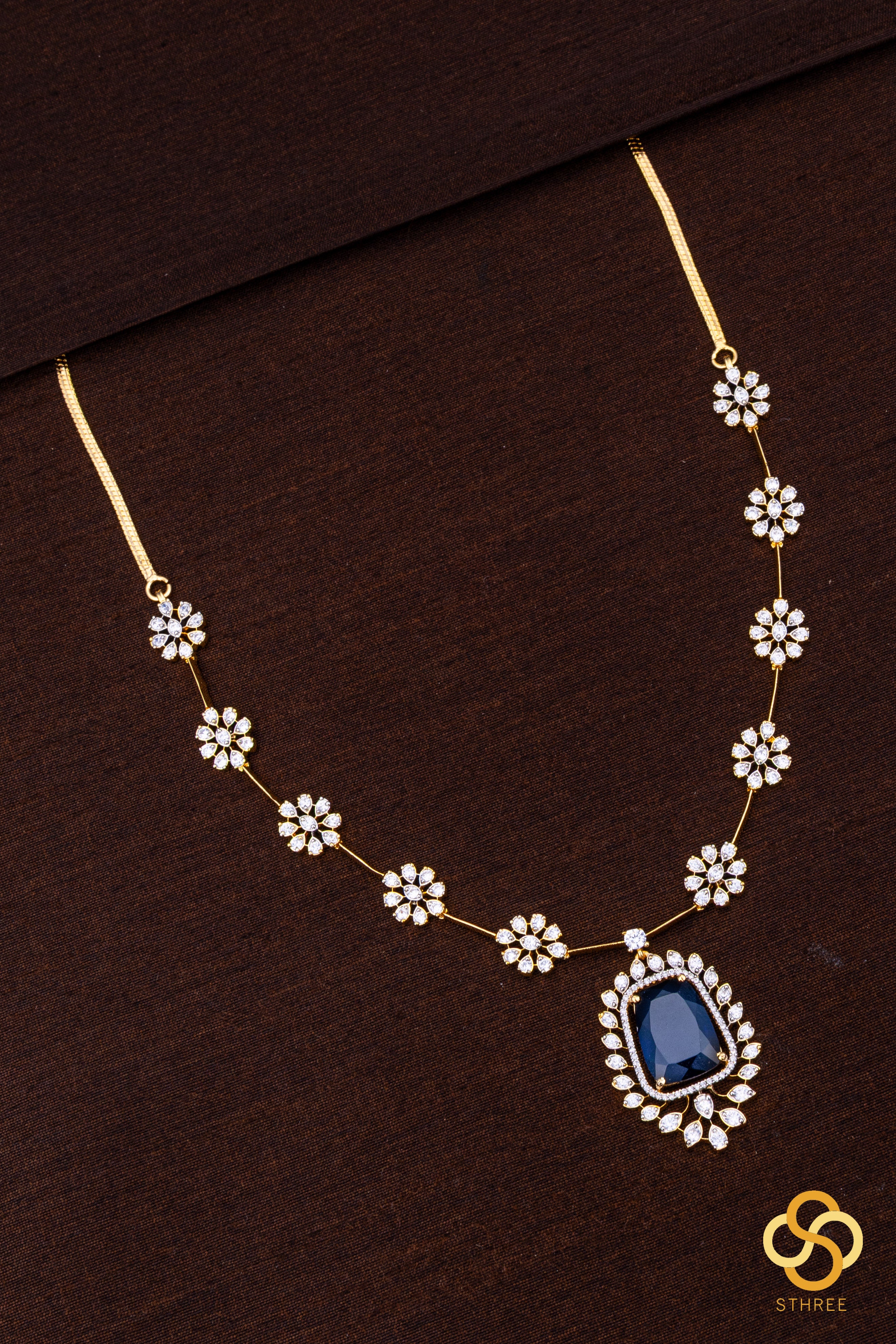 Diamond Pattern Necklace with Sapphire Blue Pendant