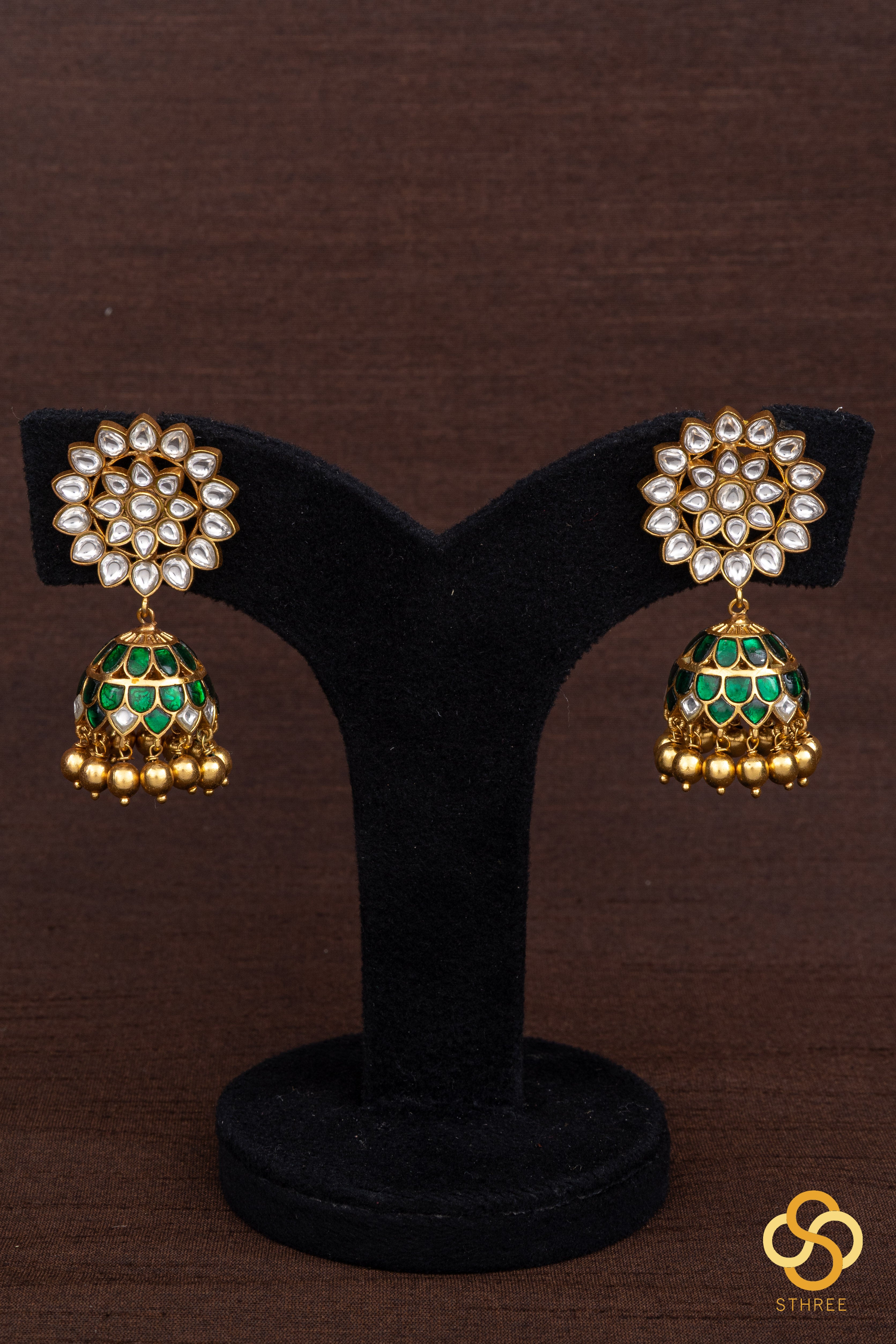 Emerald green with gold balls  - Jadau kundan
