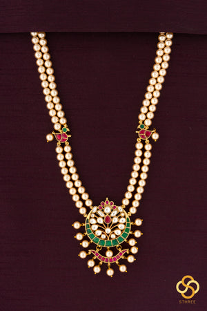 Swarovski two-liner pearls with a chandbali pendant - Emerald green