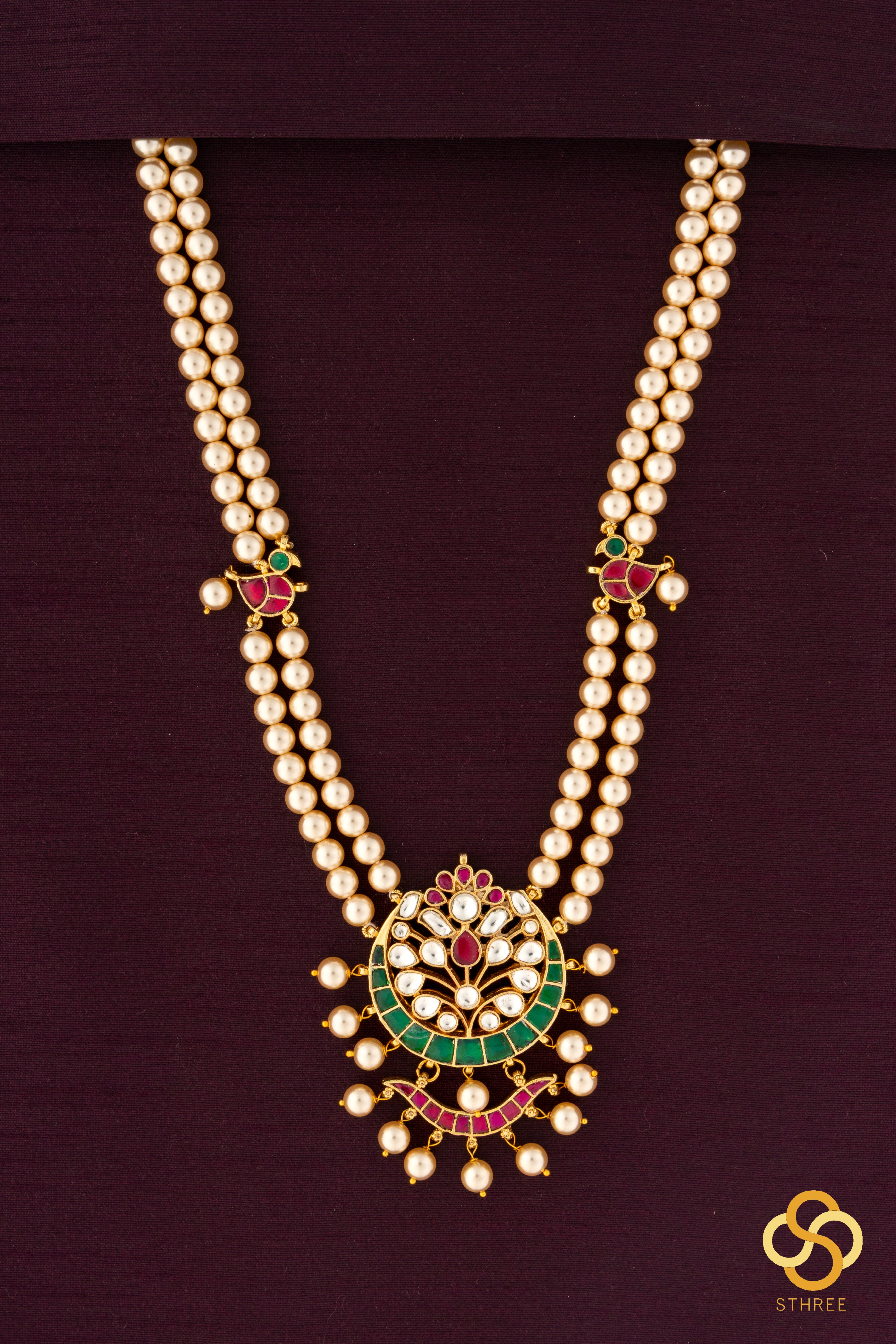 Swarovski two-liner pearls with a chandbali pendant - Emerald green