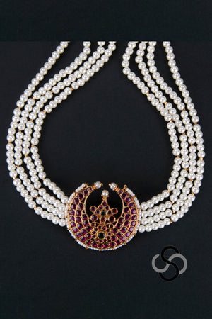 Pearl choker - 4 lines - Chandbali Pendant in Kemp Red