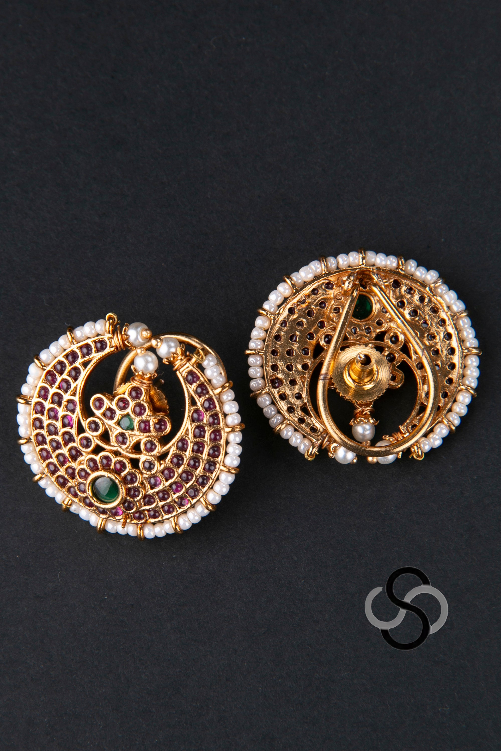 Pearl choker - 4 lines - Chandbali Pendant in Kemp Red