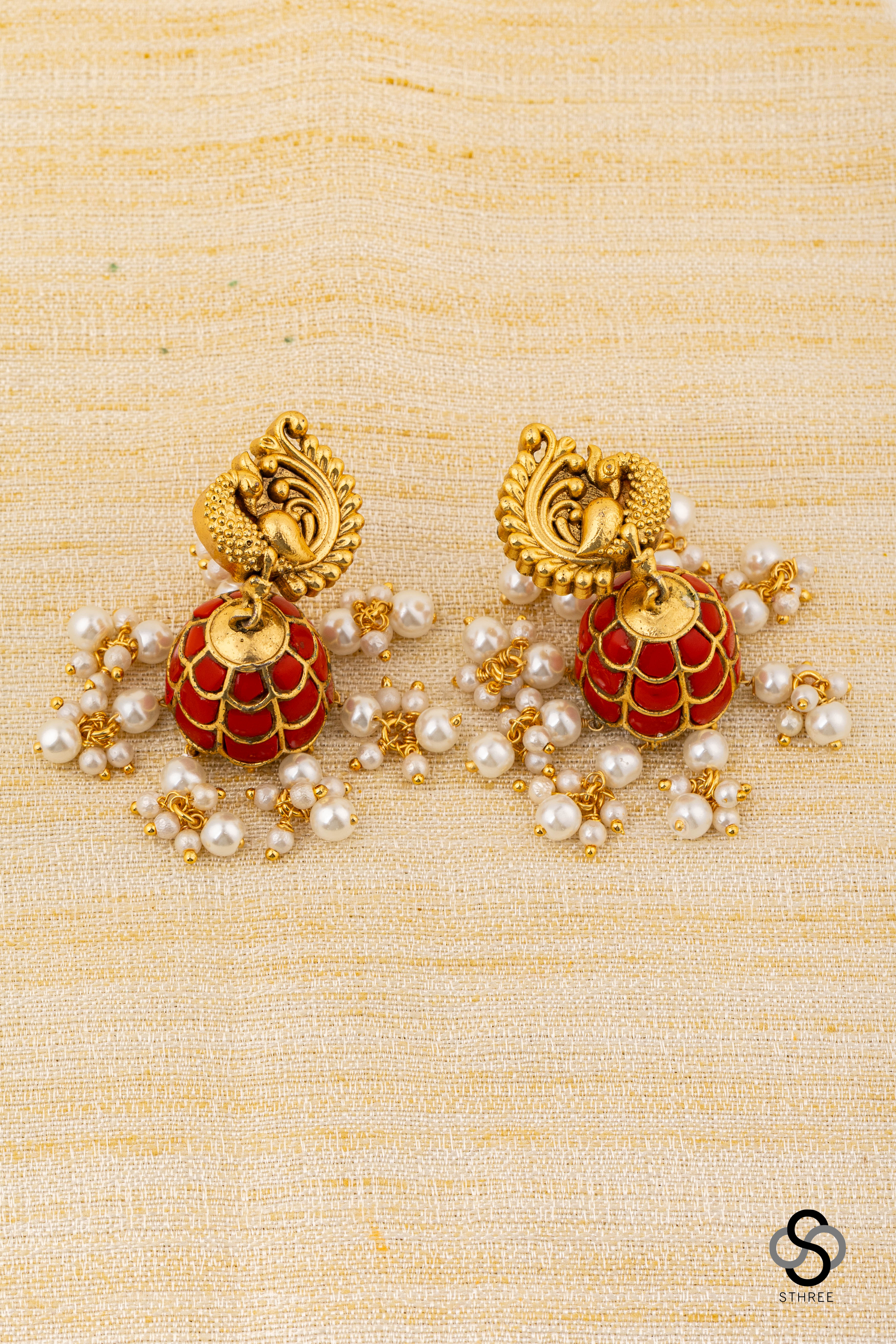 Mayil Jhumkas - Coral with Pearls