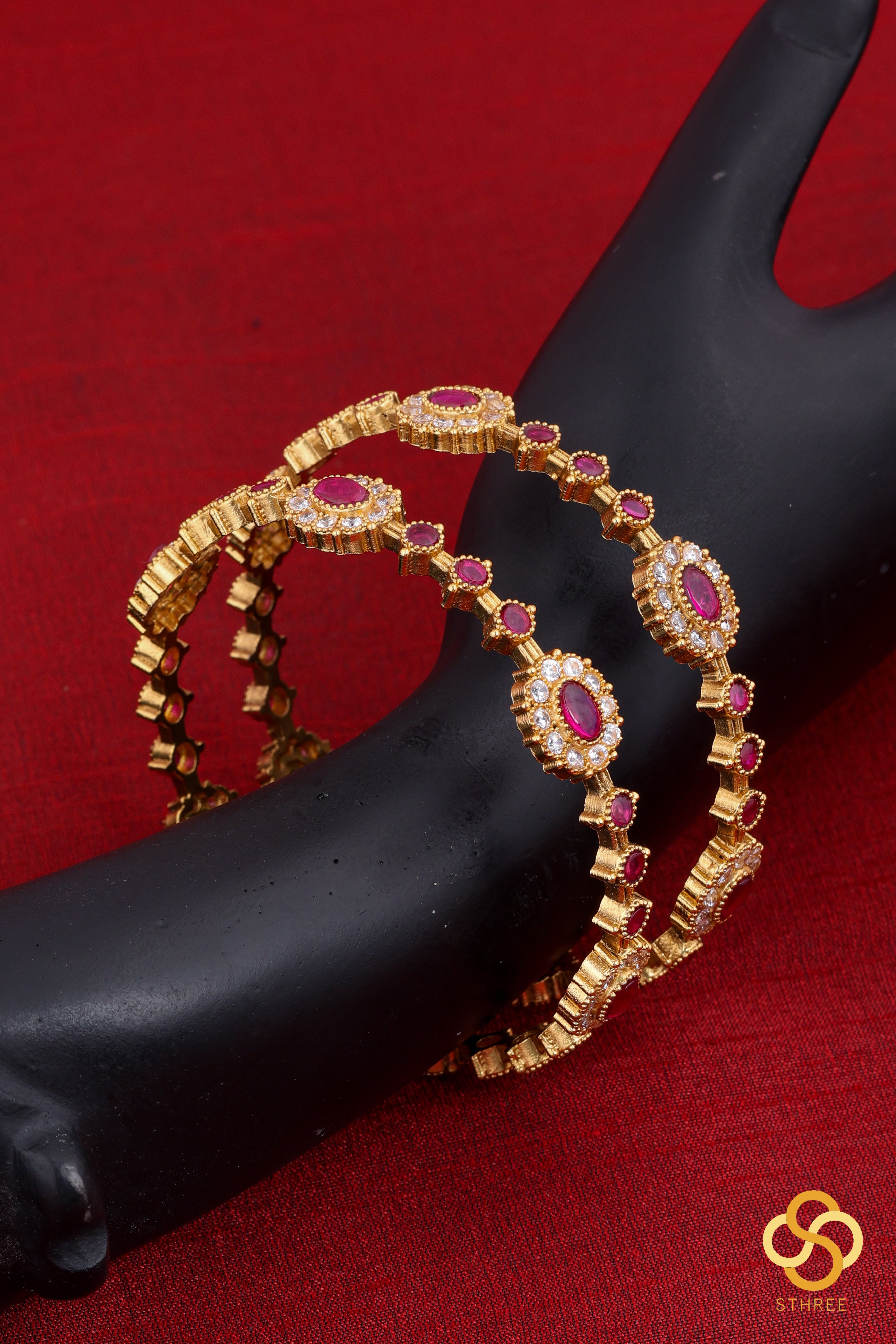 Ruby pink and white stone bangles - Set of 2