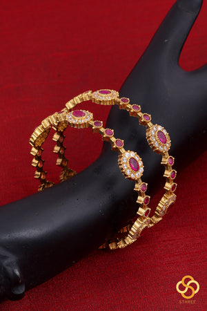 Ruby pink and white stone bangles - Set of 2
