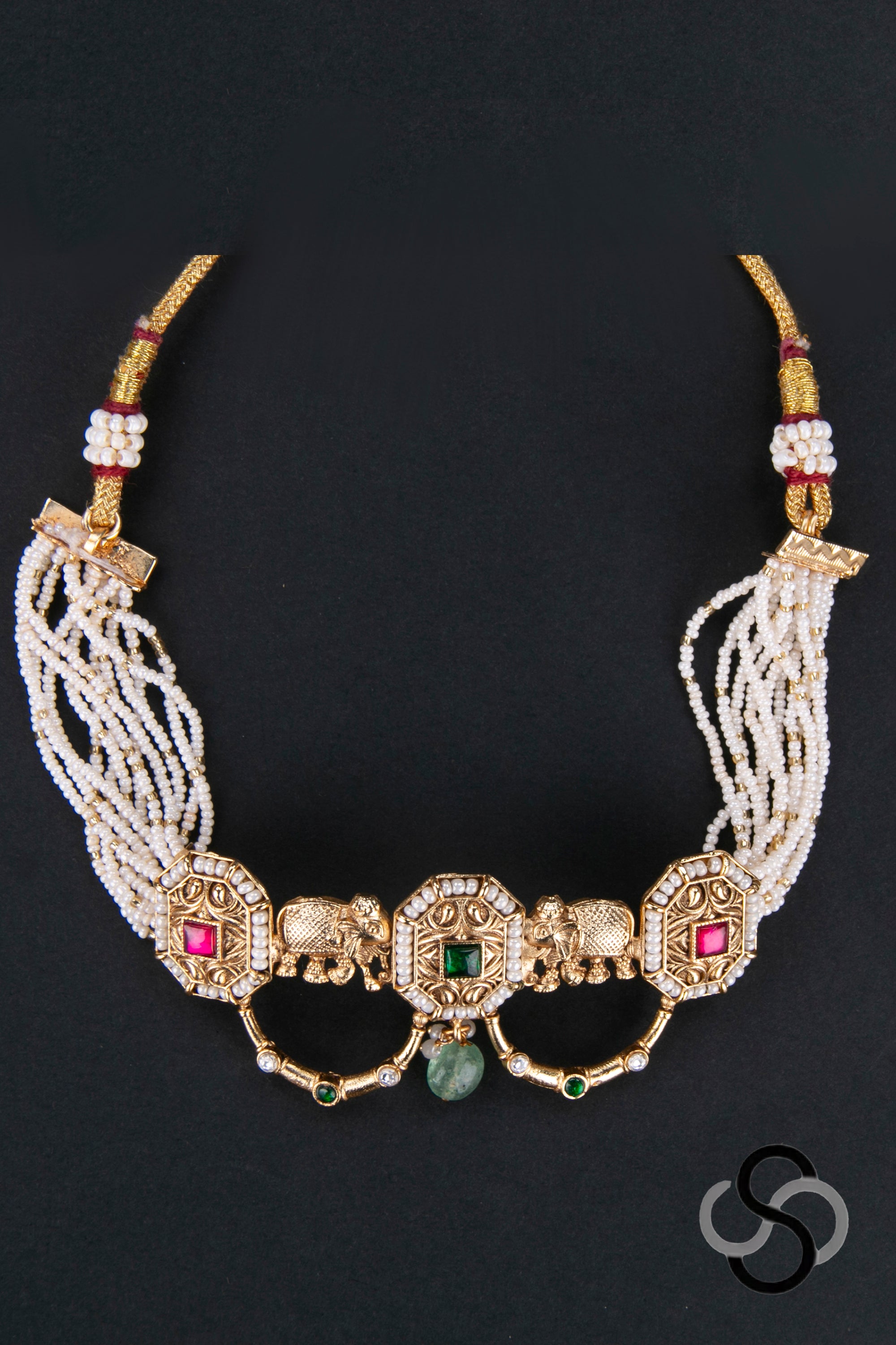 Pearl Choker with Jadau Kundan Pendant and Elephants