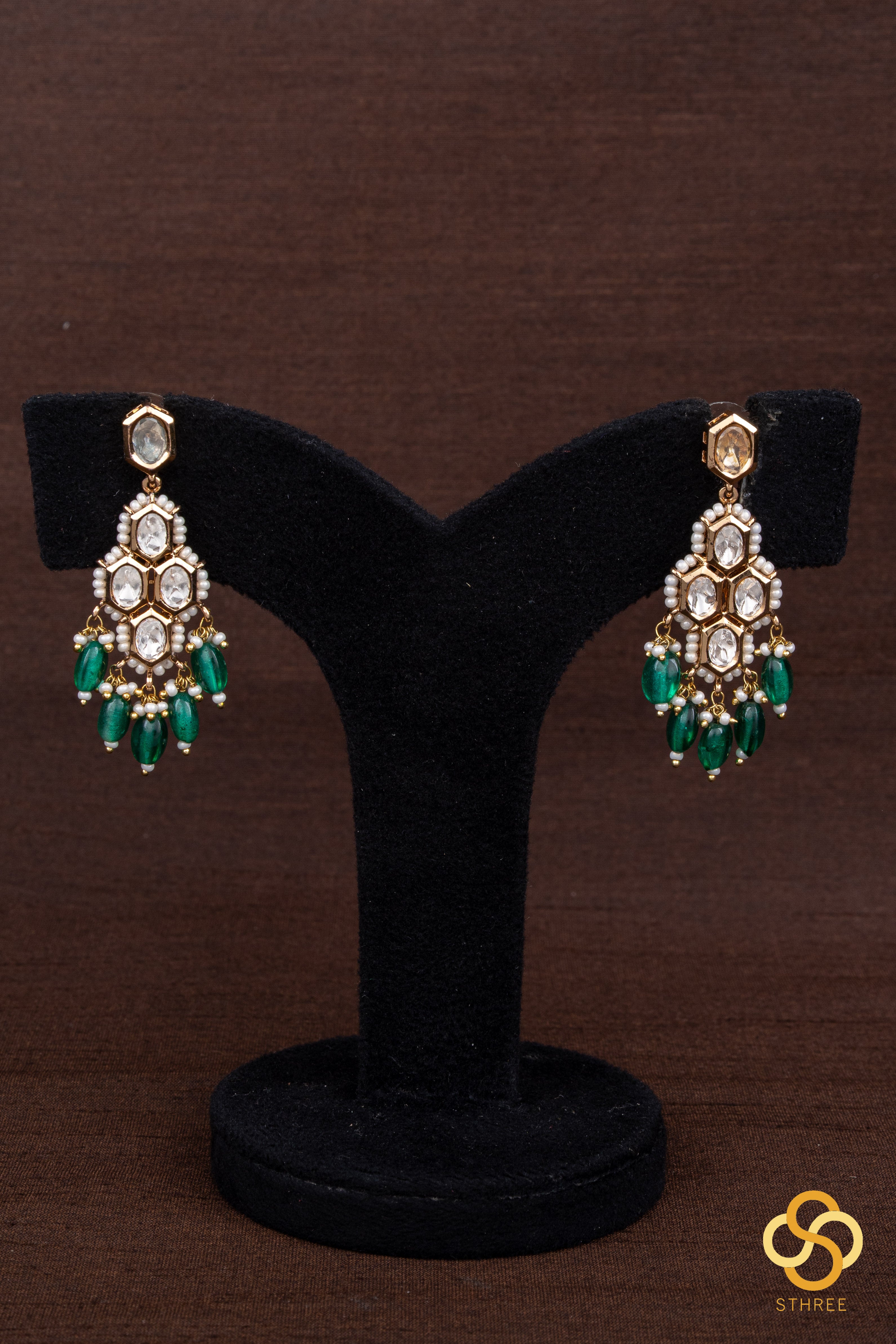 Kundan with pearls and green beads hangings