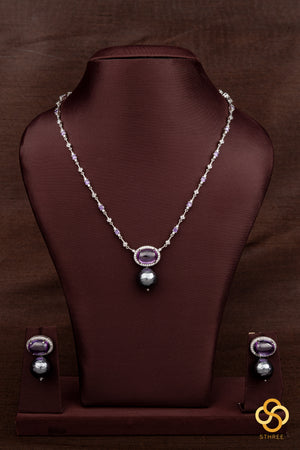 Zircon and amethyst  necklace set, with pearl hanging