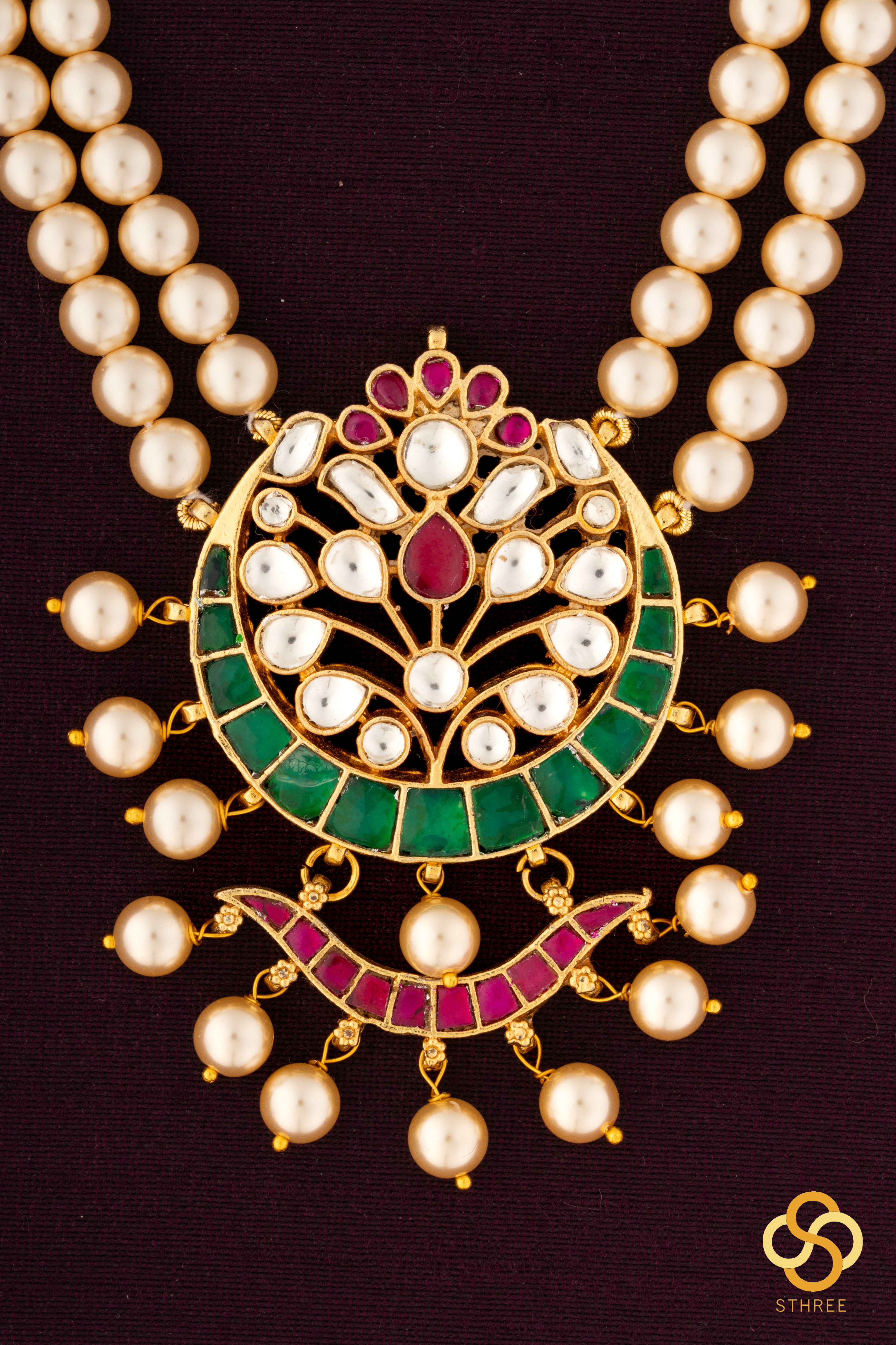 Swarovski two-liner pearls with a chandbali pendant - Emerald green