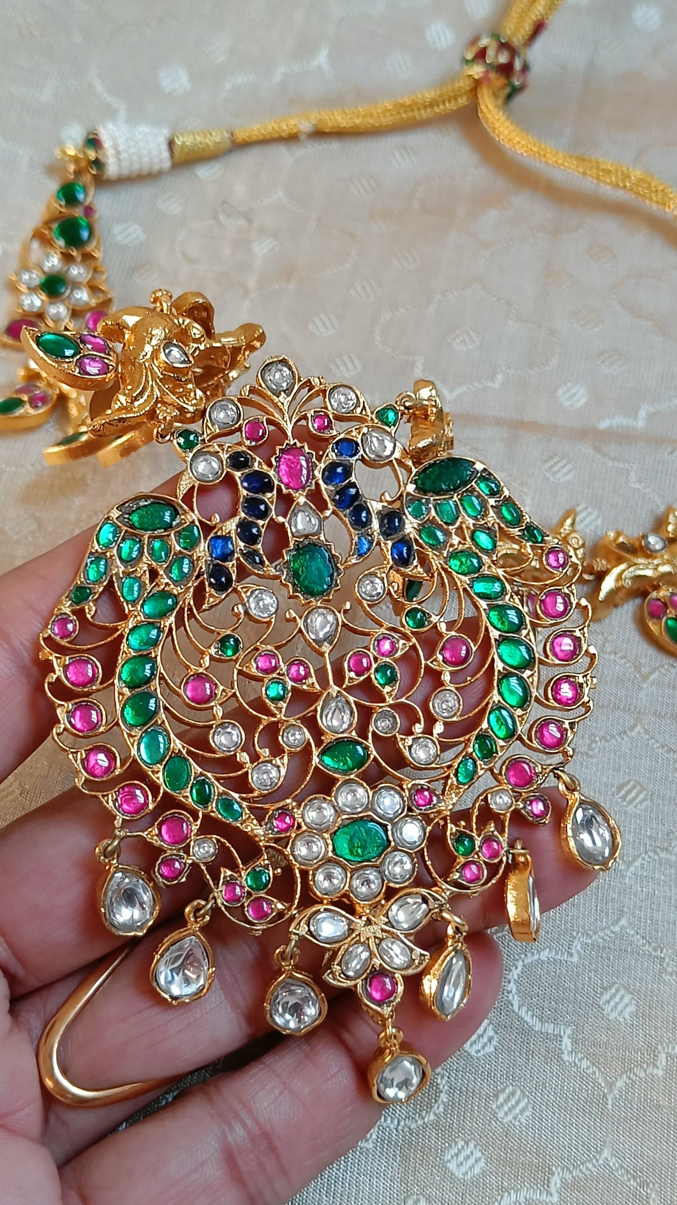 Kundan necklace set - Double peacock, with jhumkas