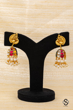 Mayil Jhumkas - Navarathna  with Pearls