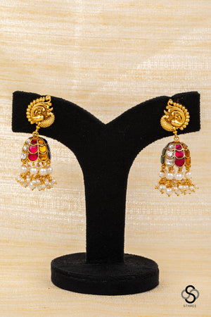 Mayil Jhumkas - Navarathna  with Pearls