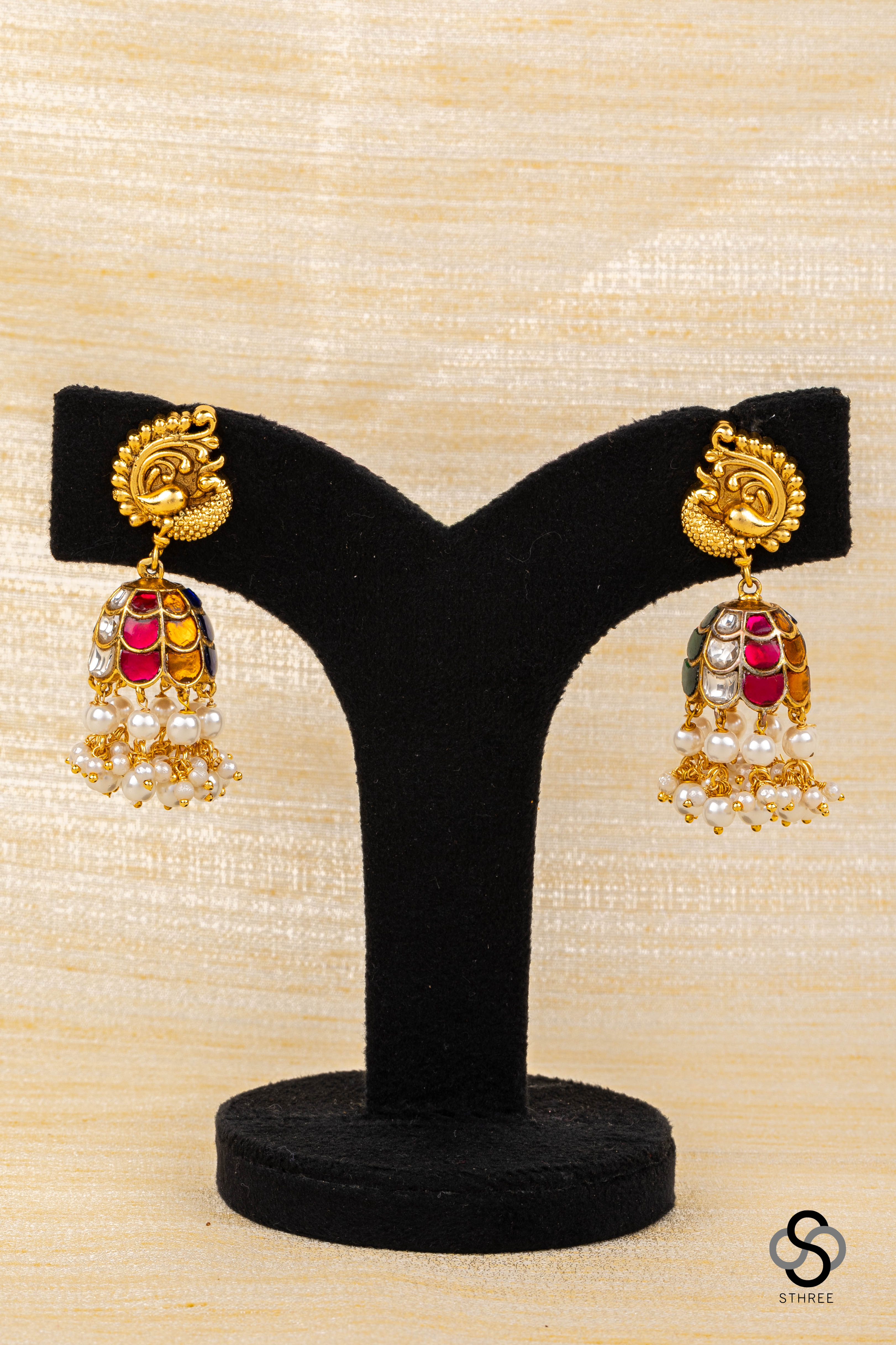 Mayil Jhumkas - Navarathna  with Pearls