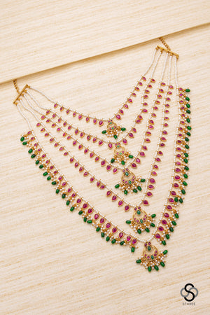 Panch lada - Ruby red kundan with pearls