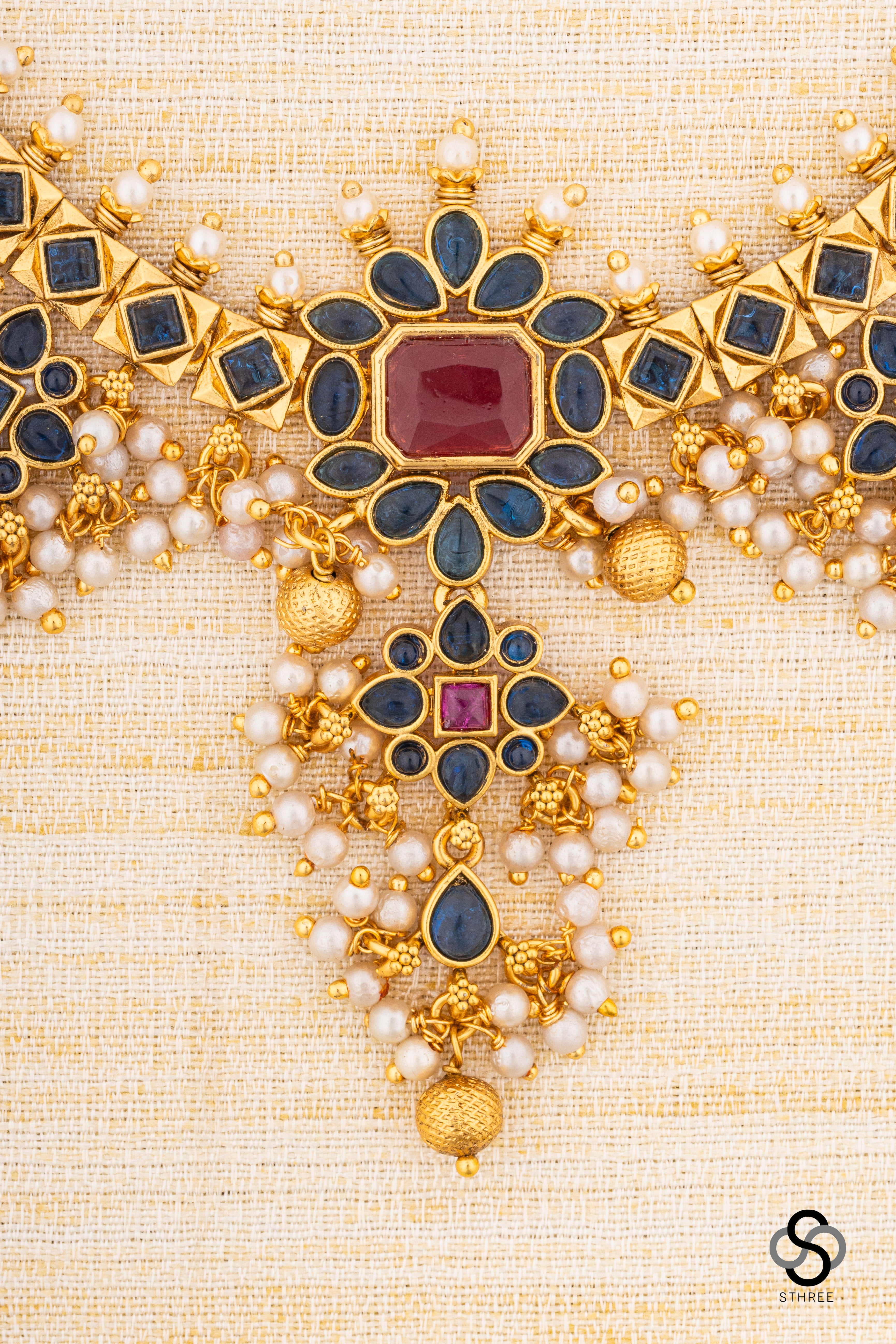 Guttapusalu Necklace set - Sapphire blue with pearl hangings [Long]