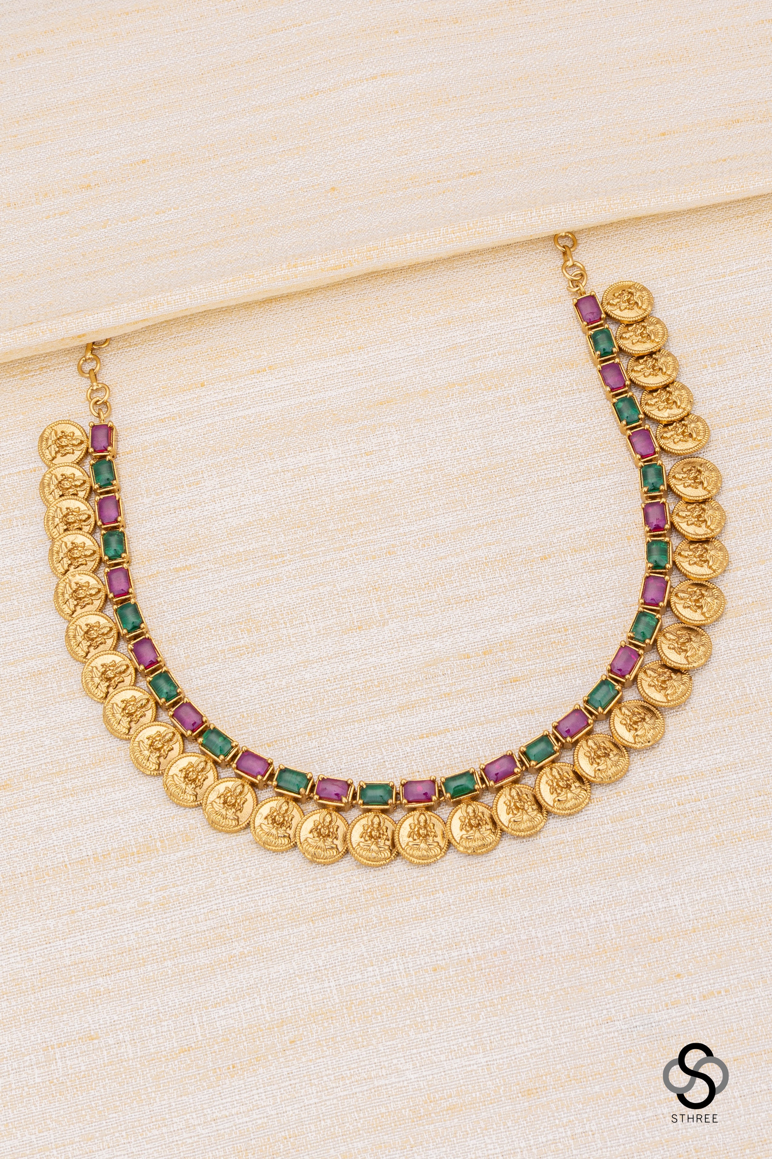 Lakshmi coins with rectangular stone - Ruby red and Emerald green