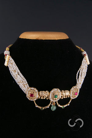 Pearl Choker with Jadau Kundan Pendant and Elephants