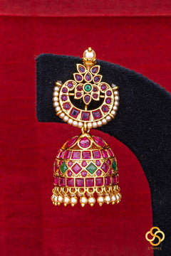 Chandbali Jhumkas  -  Ruby red with Pearl hangings