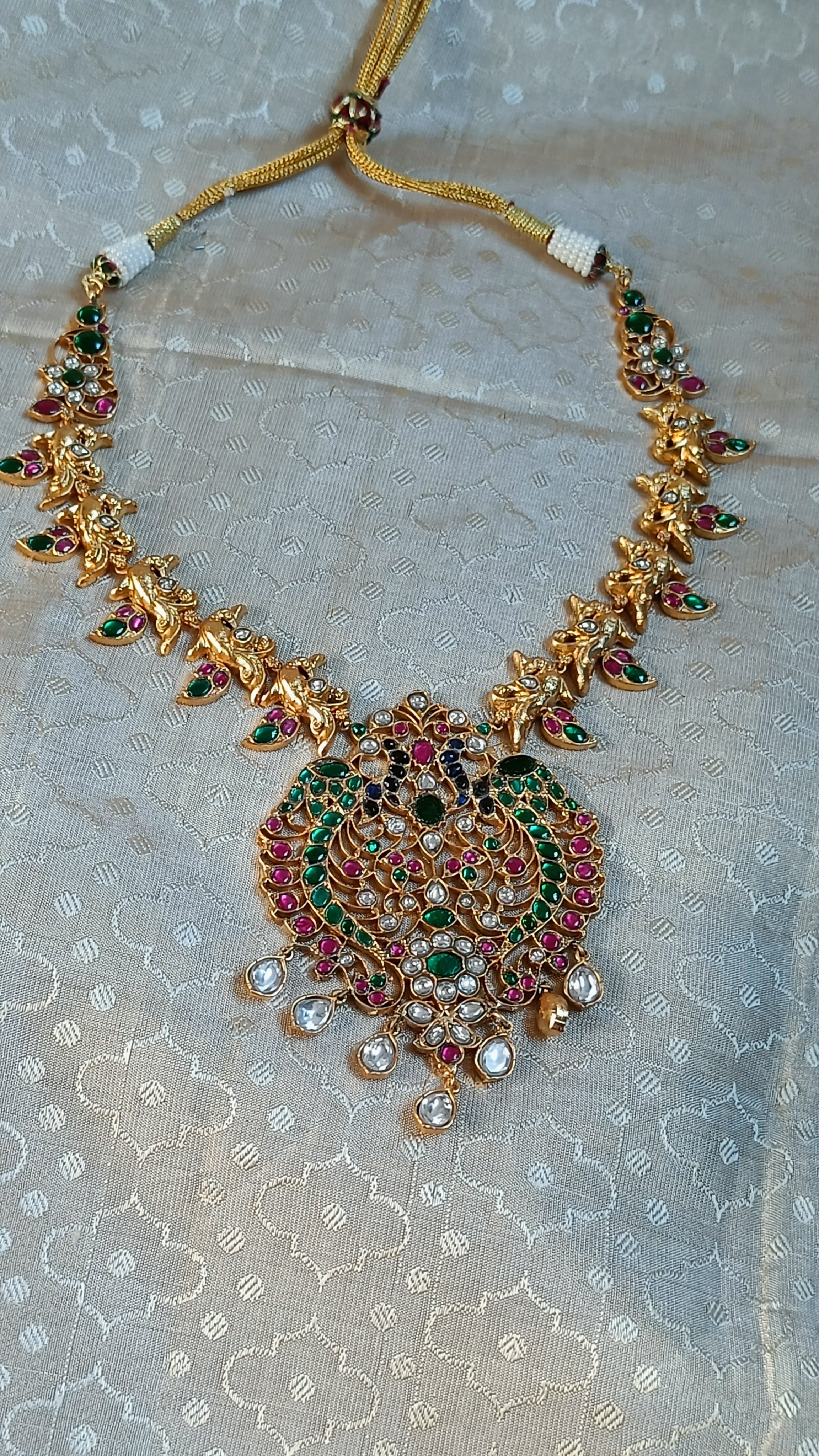 Kundan necklace set - Double peacock, with jhumkas