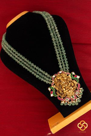 Lakshmi haram with three line green beads