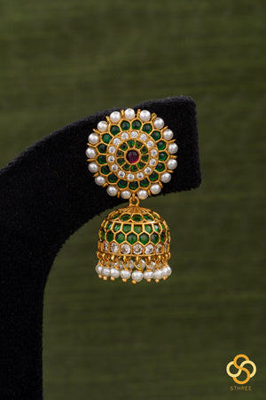Emerald green and pearl jhumkas