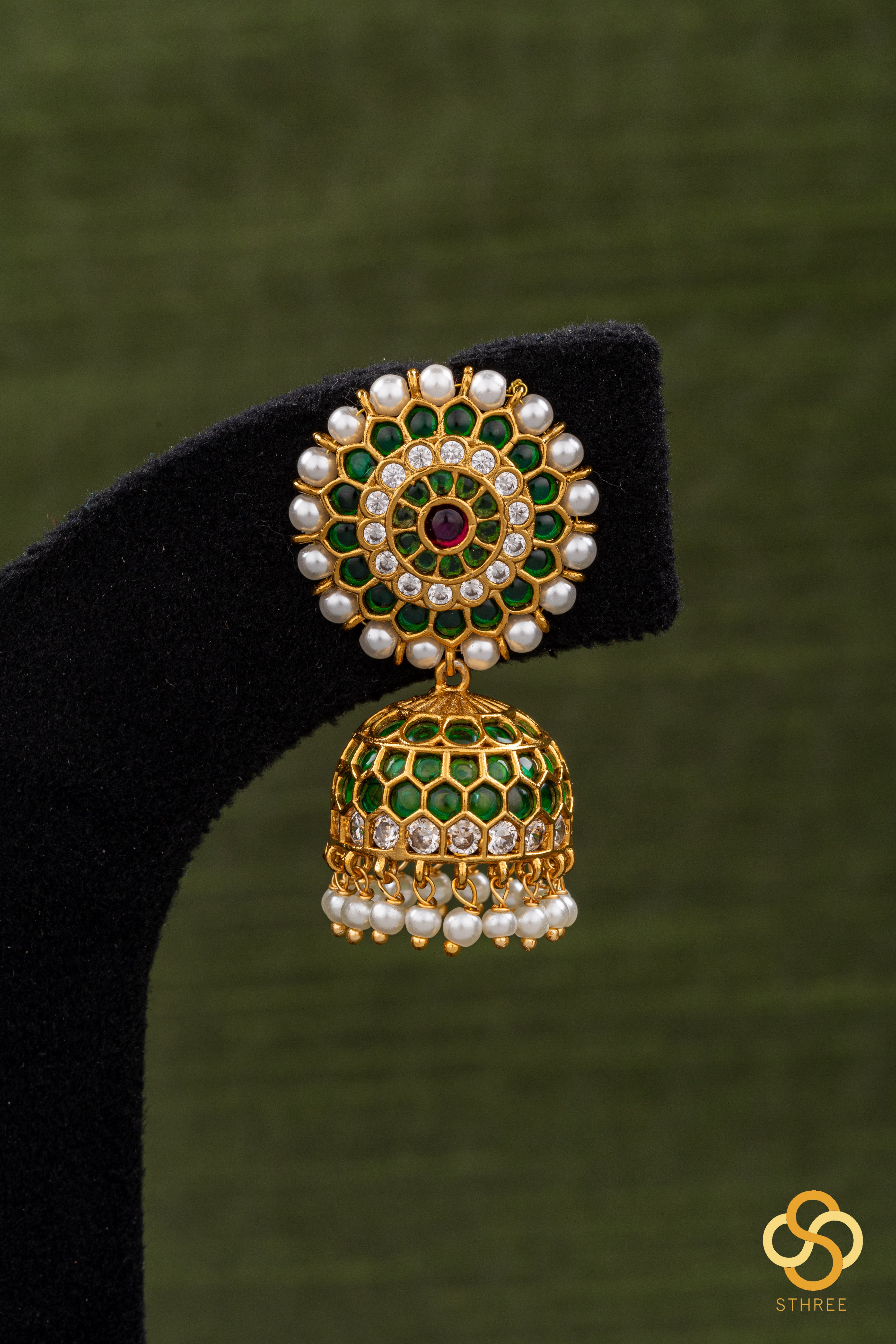 Emerald green and pearl jhumkas