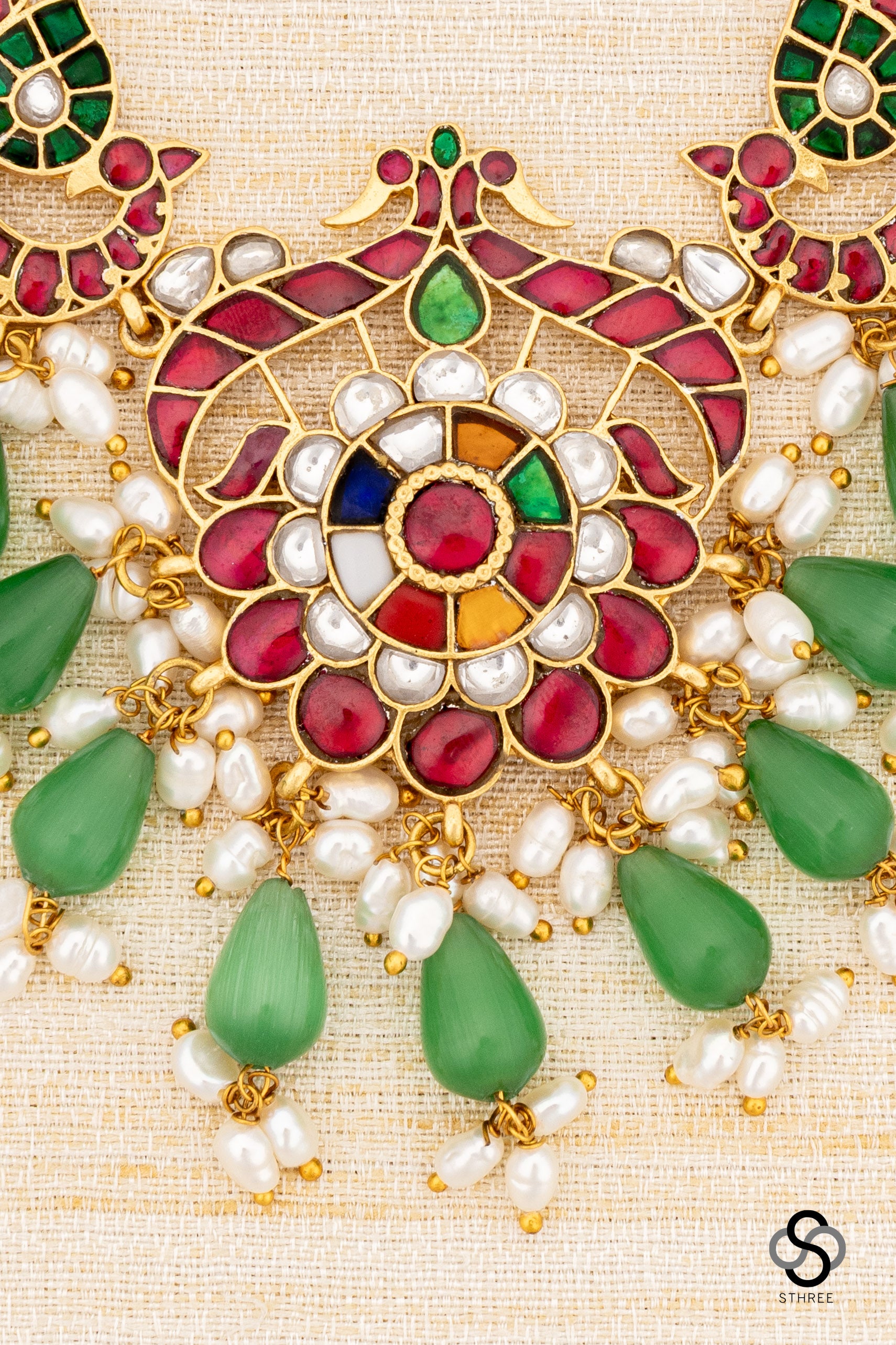 Double Peacock Pendent with Green Beads Choker - Navarathna