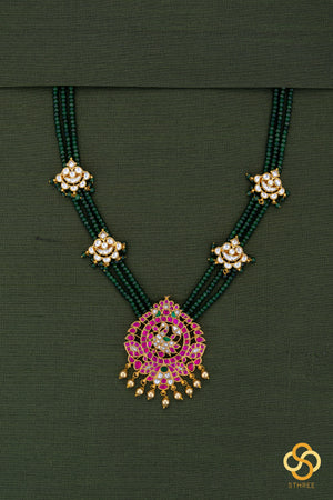 Mayil pendent with green beads - Ruby red with Emerald green