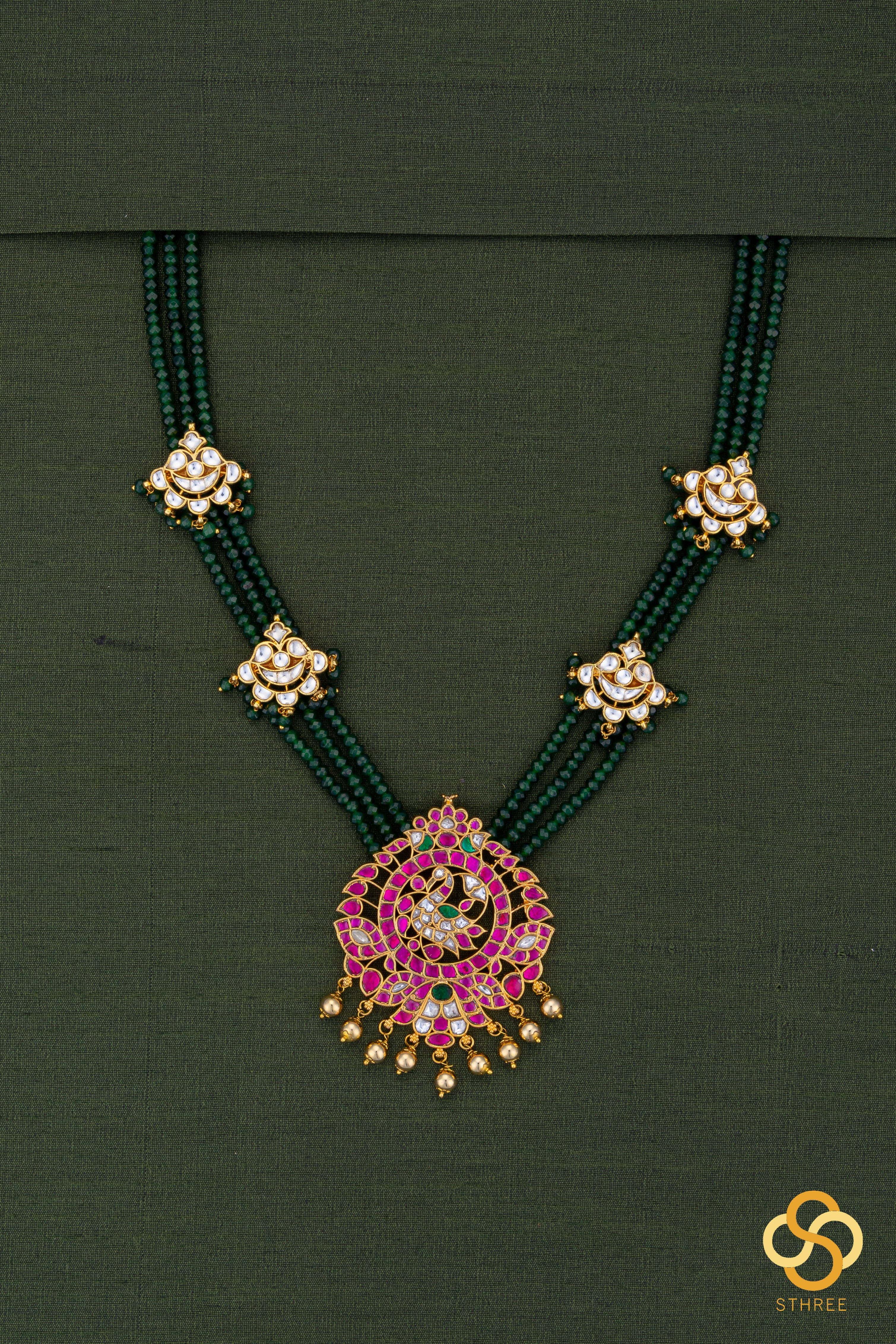 Mayil pendent with green beads - Ruby red with Emerald green