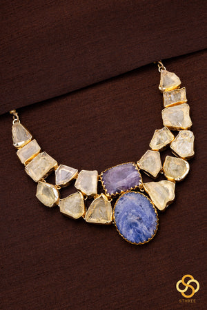 Druzy Raw stone necklace - Citrine yellow with blue