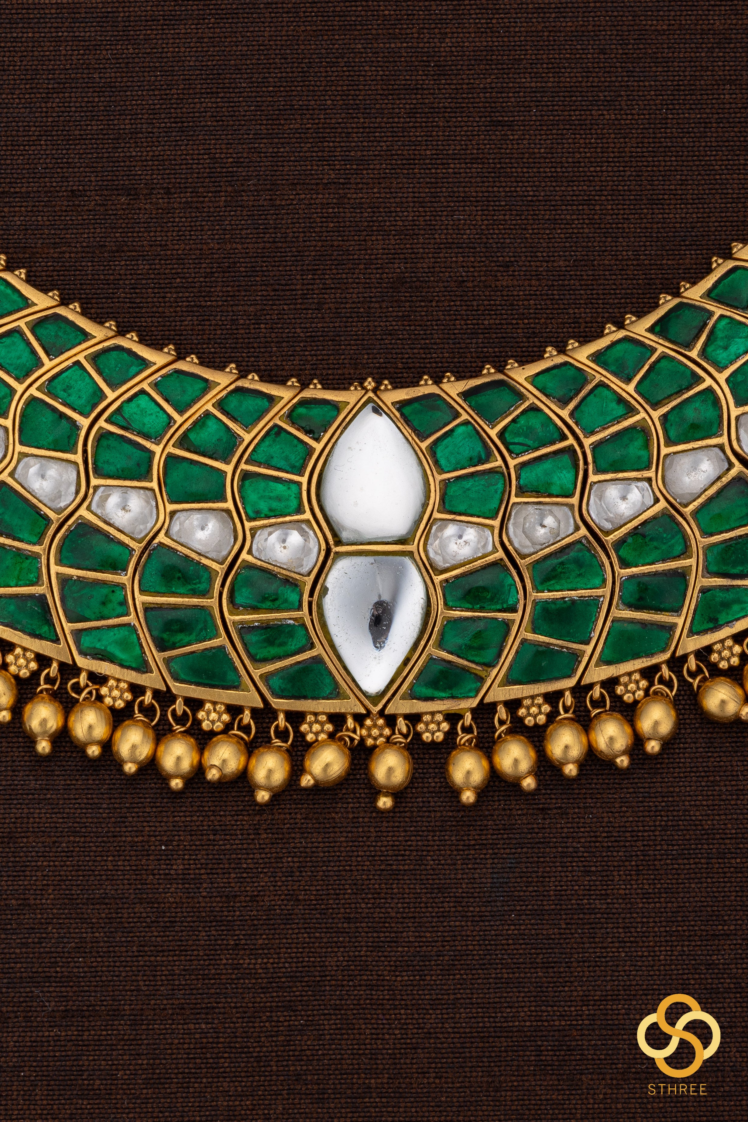 Emerald green with gold balls  - Jadau kundan