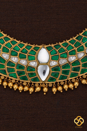 Emerald green with gold balls  - Jadau kundan