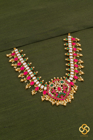 Jadau kundan with Mayil pendent Necklace  - Ruby red and Emerald green