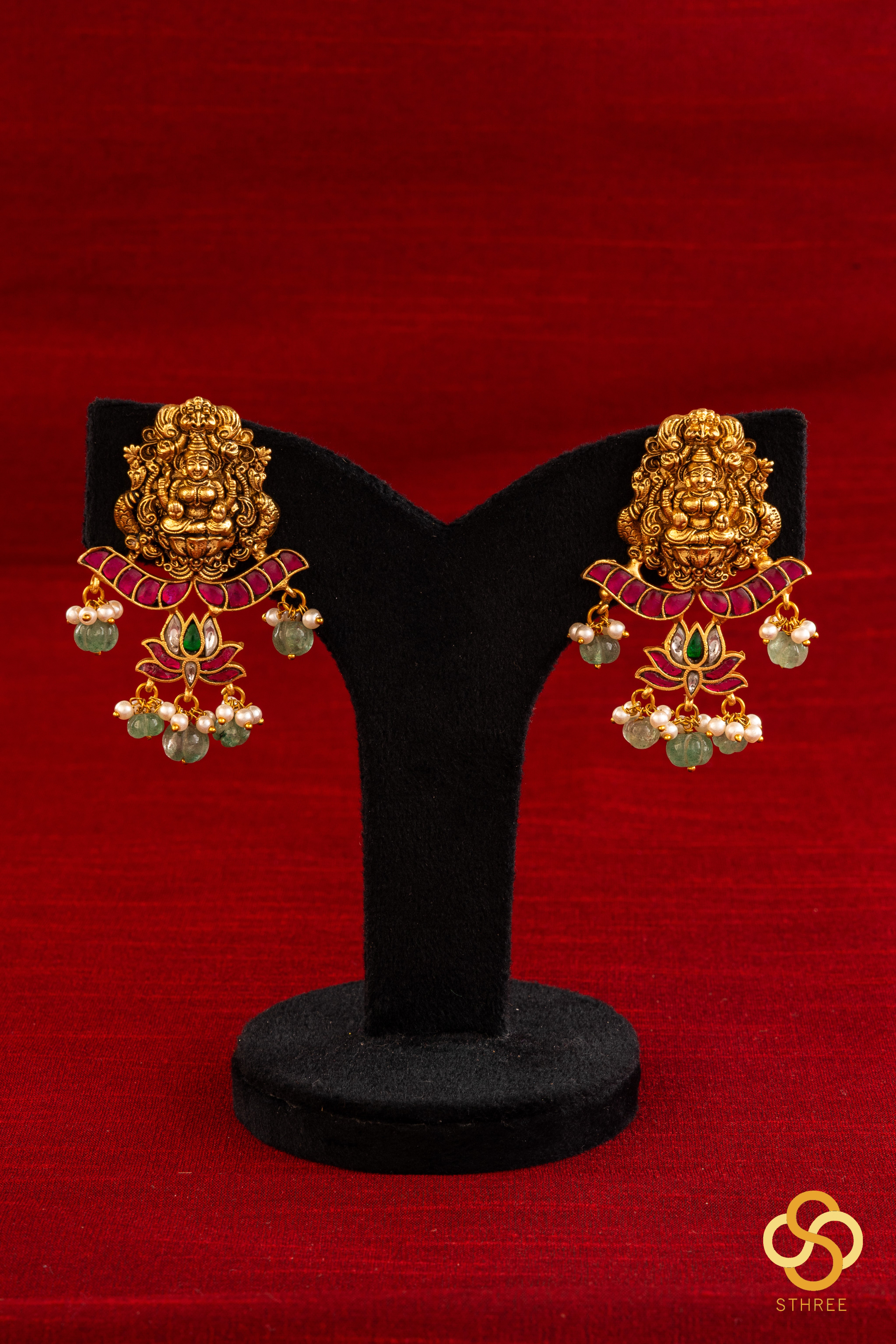 Lakshmi haram with three line green beads