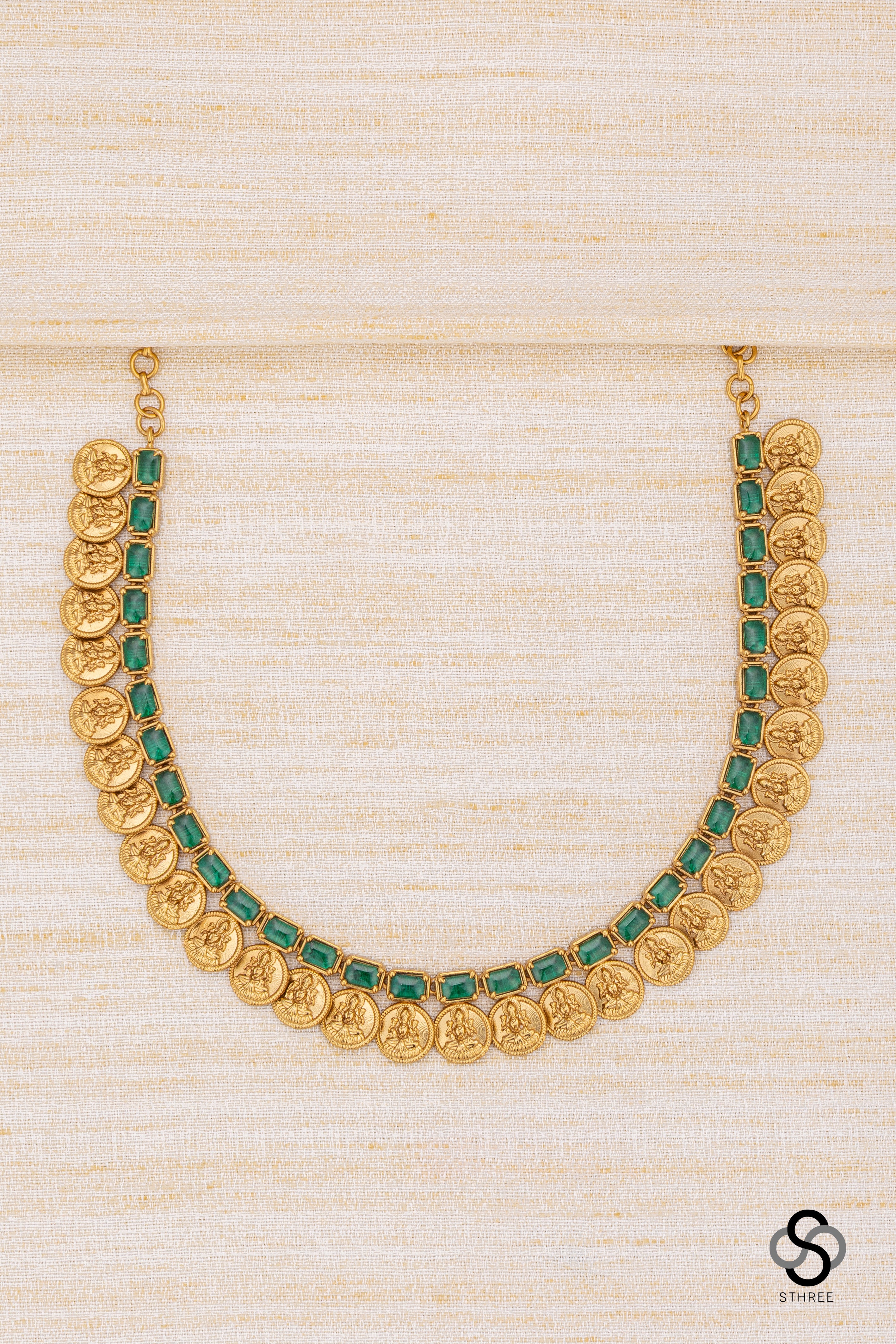 Lakshmi coins with rectangular stone - Emerald green