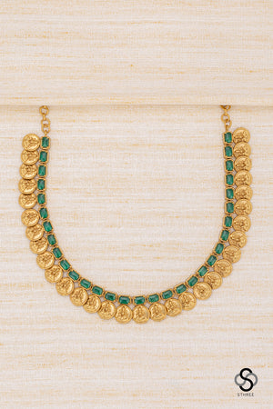 Lakshmi coins with rectangular stone - Emerald green