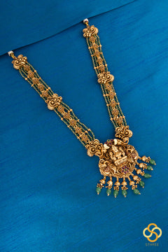 Lakshmi haram  - Antique finish gold with green beads