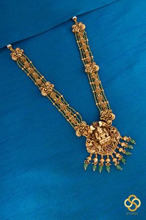 Lakshmi haram  - Antique finish gold with green beads