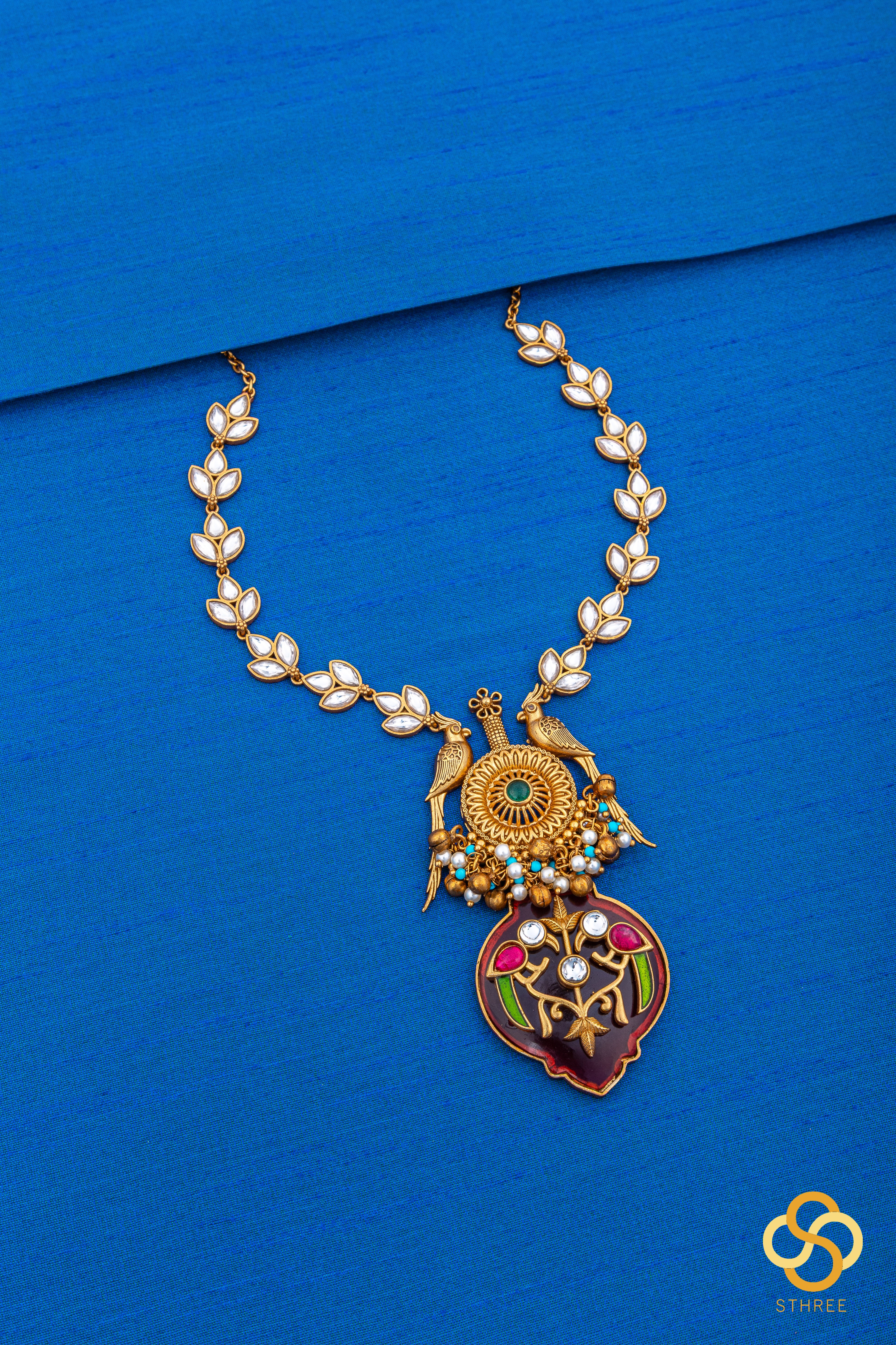 Jadau kundan necklace - Handmade parrot pendant in red onyx
