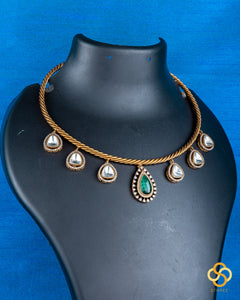 Hasli Set - Kundan Hangings - Green Centerpiece