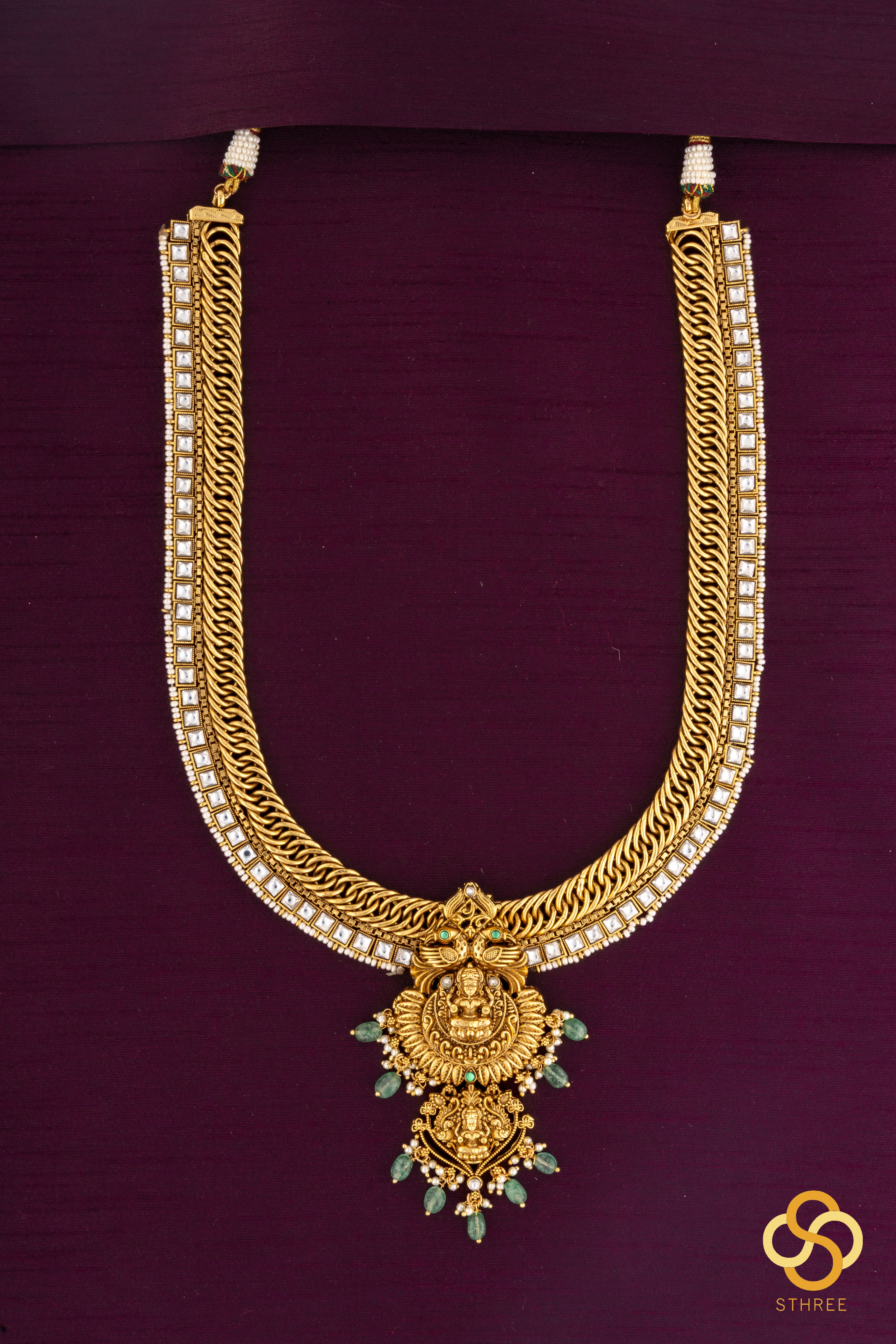 Gold with Square Kundan Necklace Set - Long